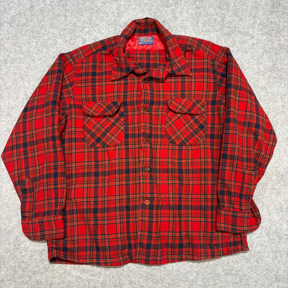 Vintage Pendleton Board Shirt Mens XL Red Black Plaid Wool Button Down Flannel